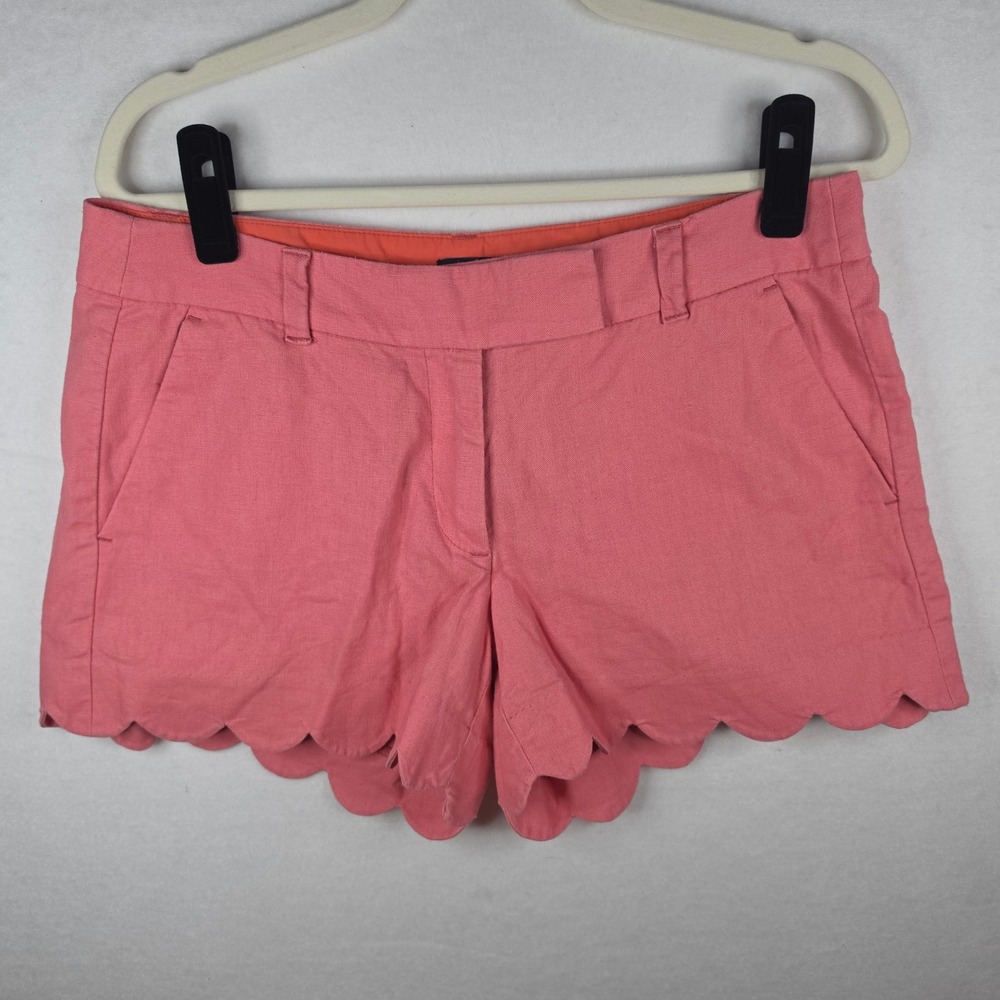 J. by‎ J. Crew Scalloped Hem Linen Blend Shorts 8 Coral Pink 4 Inch Inseam